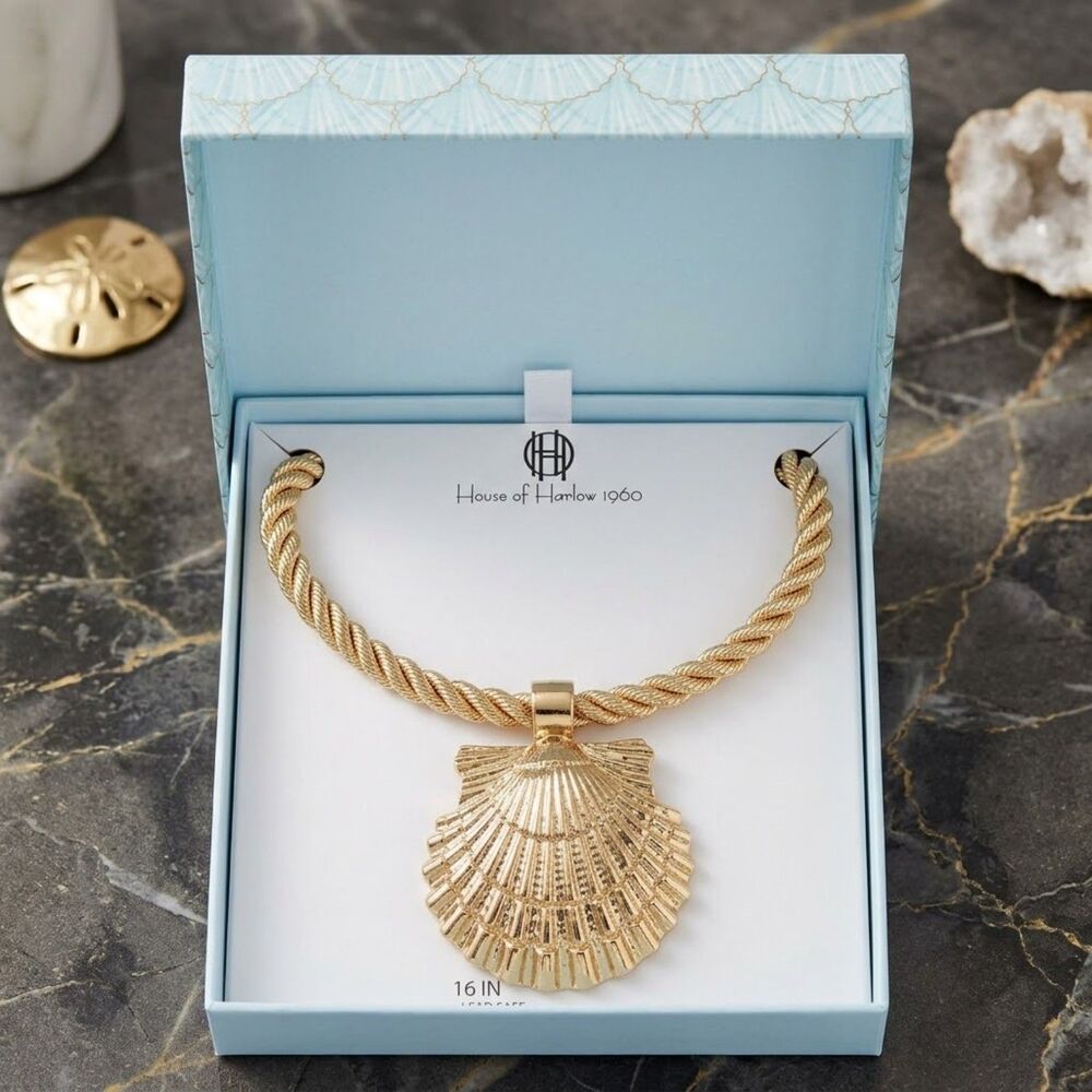 NIB House of Harlow 1960 Gold Scallop Shell Rope Necklace Coastal Chic